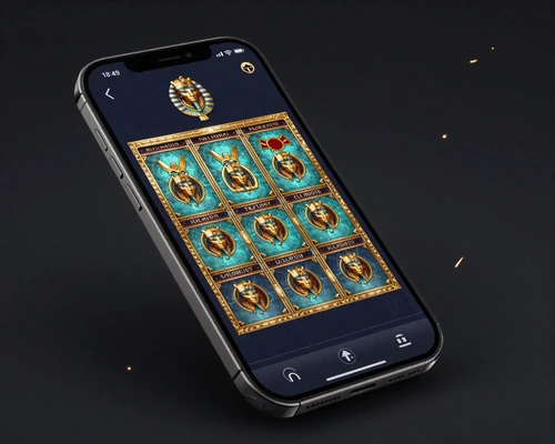 Smartphone mit dunkler Casino-Oberfl&auml;che in Gold-T&uuml;rkis mit &auml;gyptischem Skarab&auml;en-Logo - Cleobetra Mobile Casino