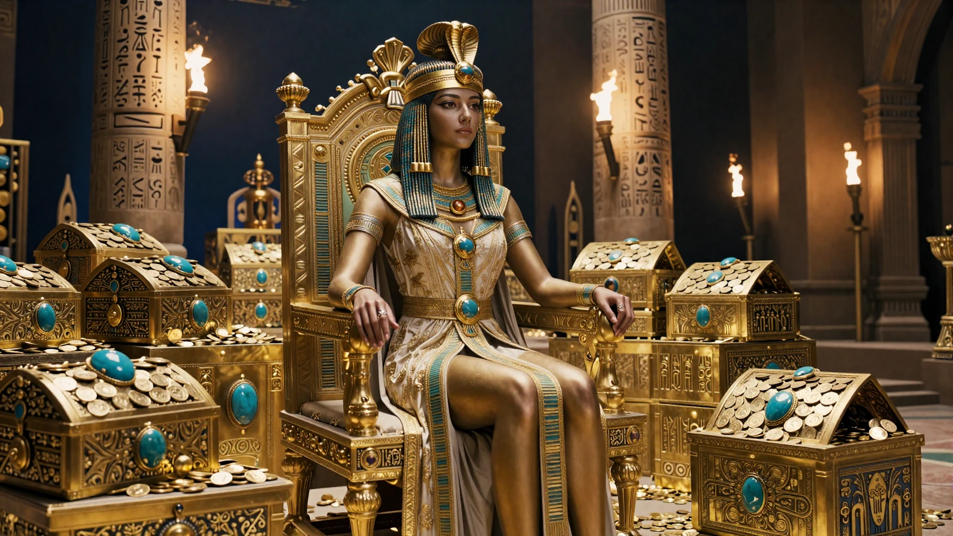 Kleopatra als k&ouml;nigliche Herrscherin auf goldenem Thron in einer Schatzkammer voller Goldm&uuml;nzen und t&uuml;rkisfarbener Edelsteine - Cleobetra Casino Bonus Hero