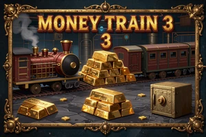 Money Train 3 Slot Thumbnail mit Zug&uuml;berfall und Goldbarren - beliebter Slot bei Cleobetra