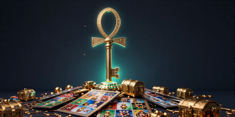 Goldener Ankh-Schl&uuml;ssel &uuml;ber einem Schatzberg aus Slot-Spiel-Thumbnails auf dunklem Navy-Hintergrund - Cleobetra Spielbibliothek