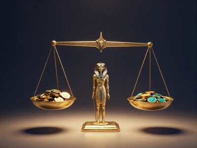 Goldene Waage der Maat mit Goldm&uuml;nzen und t&uuml;rkisfarbenem Edelstein auf dunklem Hintergrund - Cleobetra VIP Cashback