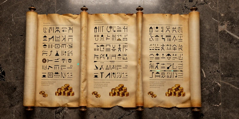 Drei goldene Papyrusrollen mit hieroglyphischen Bonusdetails auf dunklem Marmor - Cleobetra Willkommenspaket