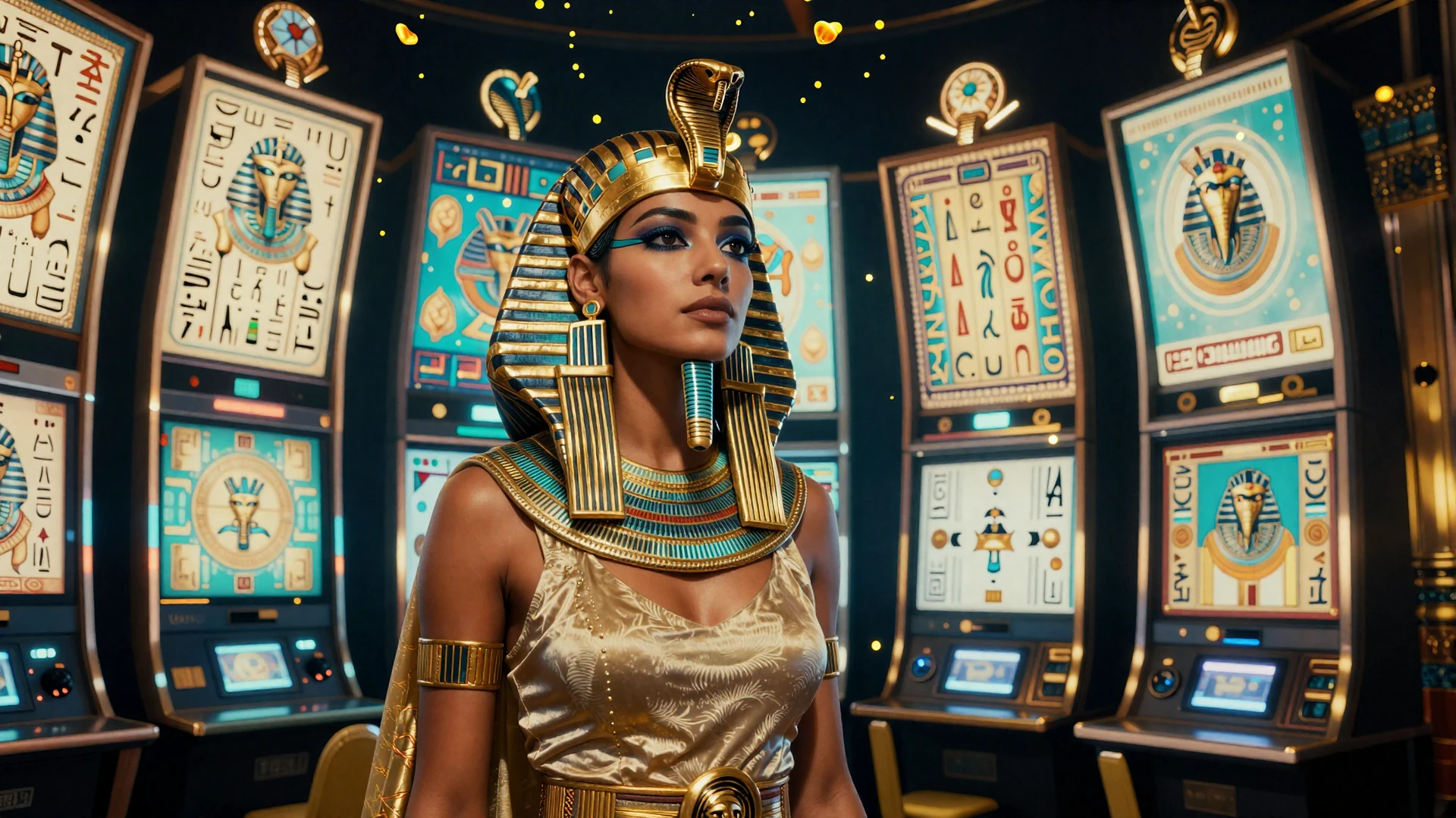 Kleopatra als K&ouml;nigin mit goldener Nemes-Krone vor einer leuchtenden Wand von Spielautomaten mit &auml;gyptischen Spielen - Cleobetra Online Spielautomaten