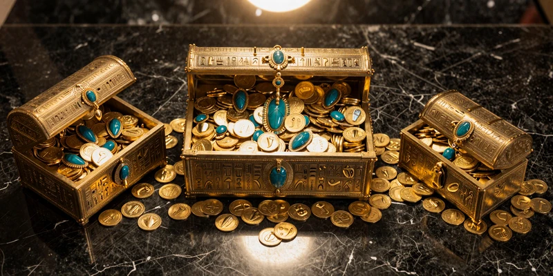 Drei goldene &auml;gyptische Schatztruhen voller Goldm&uuml;nzen und t&uuml;rkisfarbener Skarab&auml;en auf schwarzem Marmor - Cleobetra Willkommensbonus