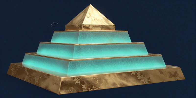 Goldene Stufenpyramide mit f&uuml;nf leuchtenden Ebenen in steigender T&uuml;rkisintensit&auml;t - Cleobetra VIP Programm