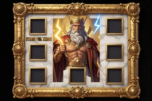 Gates of Olympus Slot Thumbnail mit Zeus und Blitz auf Marmor - beliebter Slot bei Cleobetra