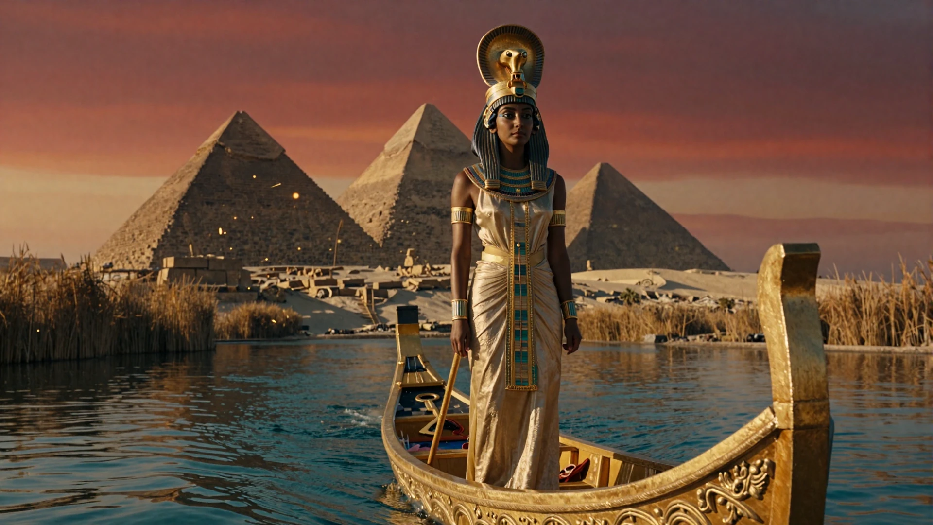 Kleopatra steht majest&auml;tisch auf dem Bug einer vergoldeten k&ouml;niglichen Barke auf dem Nil bei Sonnenuntergang mit Pyramiden im Hintergrund - Cleobetra Casino Hero
