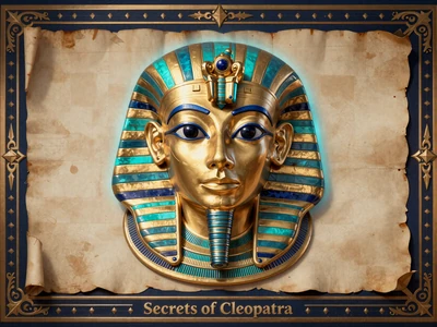 Secrets of Cleopatra Slot Thumbnail mit goldener Maske und T&uuml;rkis-Augen auf Papyrus-Hintergrund - Cleopatra Slot bei Cleobetra